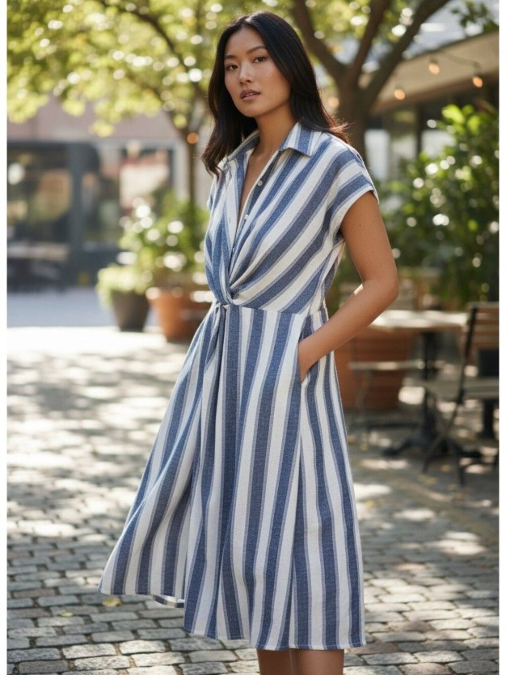 Andrée Striped Blue White Midi Dress Twist Front L Cotton Polyester Blend